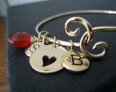 Gold initial bangles, two initial charms, birthstone, heart pendant, customized charm bracelet