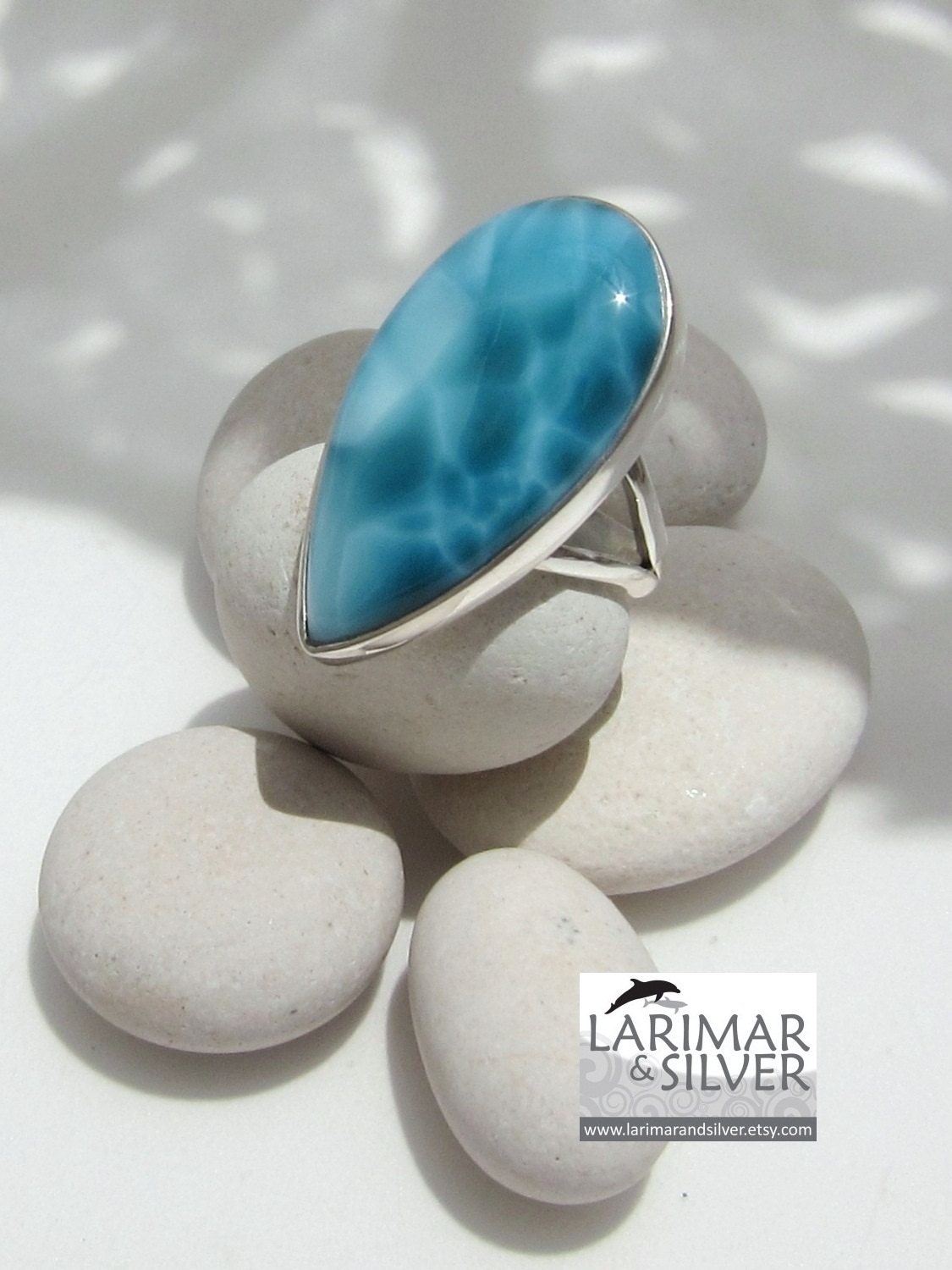 Larimar turtleback ring size 7 1/2, Ocean Dragon - fantastic pattern teal blue Larimar teardrop