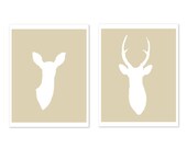Deer Antlers Modern Digital Print Set - Wall Art - Woodland Rustic Home Decor - Tan Beige Neutral - Stag Doe - Couple - Pastel Spring