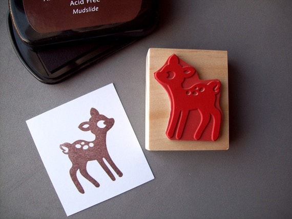 Baby Deer Rubber Stamp, Handmade Woodland Stamp, Wood Mounted