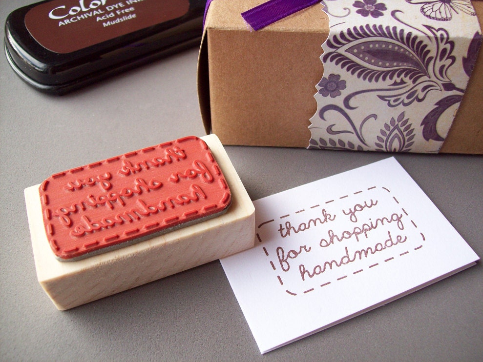 Thank You For Shopping Handmade Rubber Stamp, Stitched Border, Great for Pretty Packaging