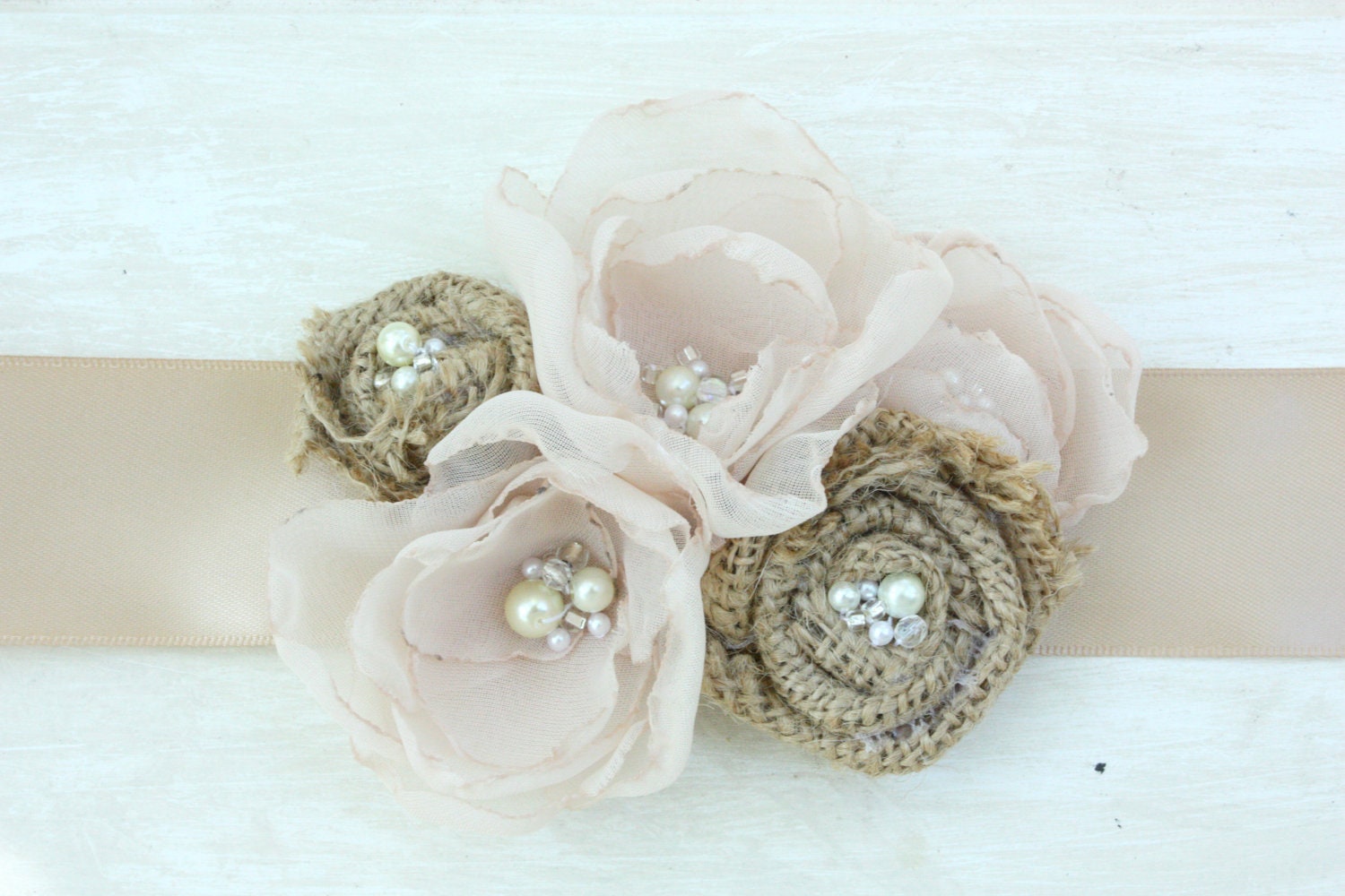 Burlap and Organza Rose Belt Bridal Sash, Bridesmaid Sash, Statement Burlap Accessory in Champagne