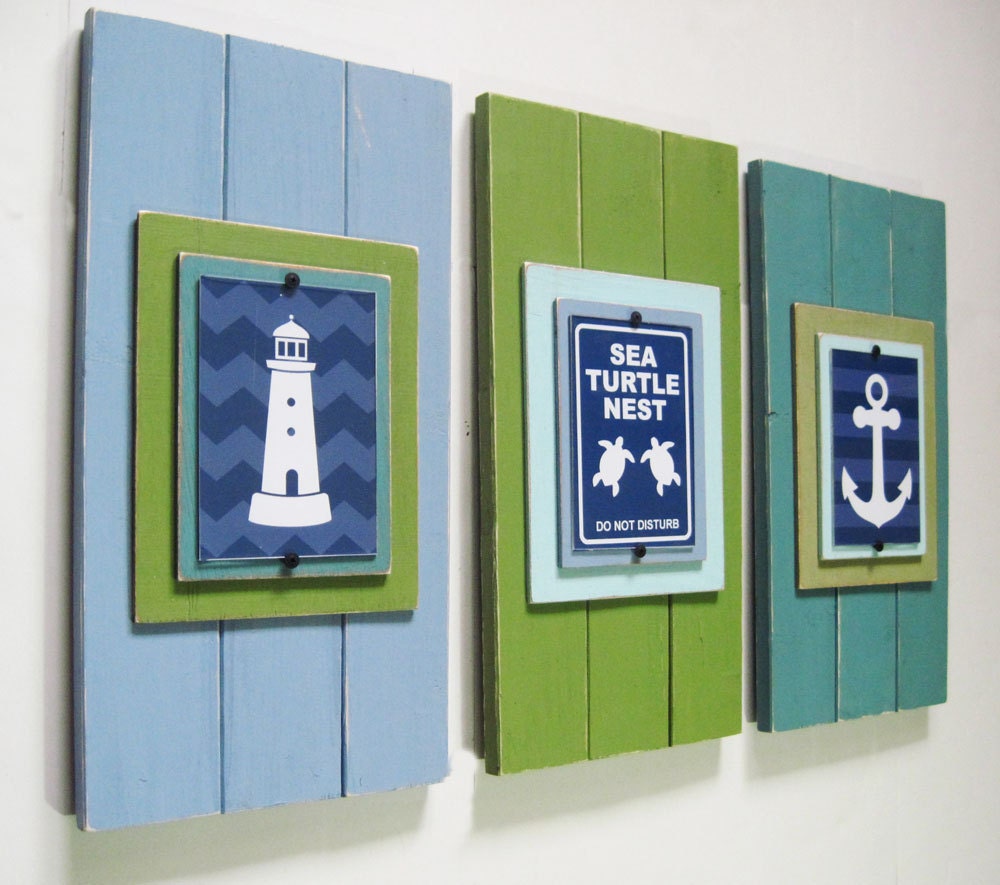 Set of 3 Fun Nautical Wall Art in Blues and Greens