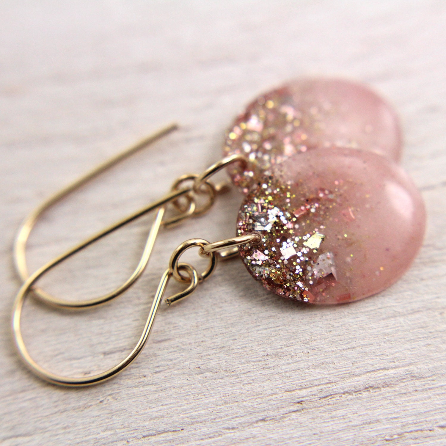 pink earrings with gold glitter and gold leaf on gold earwires - resin drop earrings