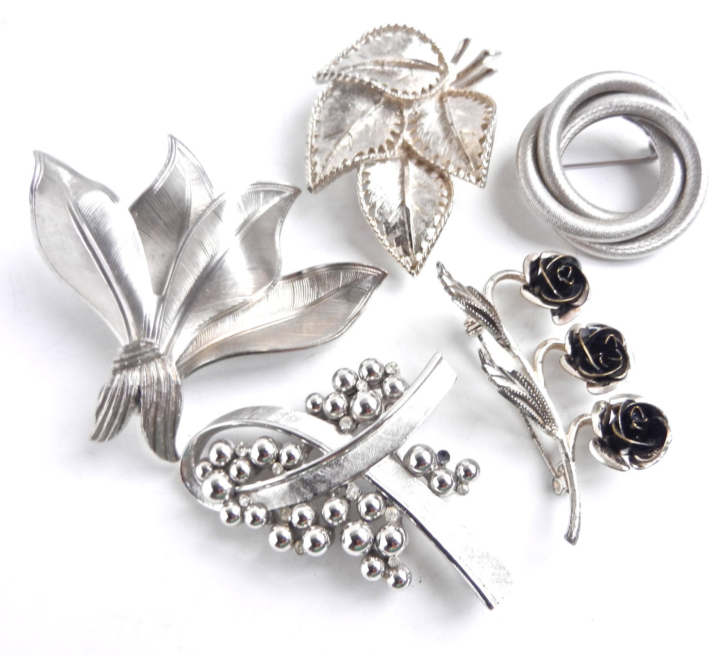 Vintage Brooch Lot - Silver Tone Flower & Leaf Costume Jewelry Pins... Trifari, B.S.K. / Artistic Spring Bouquet