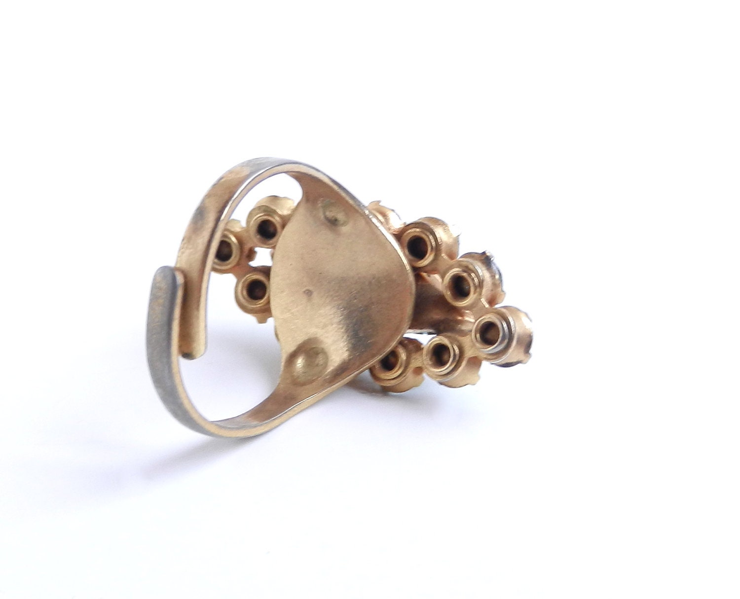 Vintage Light Blue Rhinestone Ring - Gold Tone Adjustable Costume Statement Jewelry / Baby Blue Bling