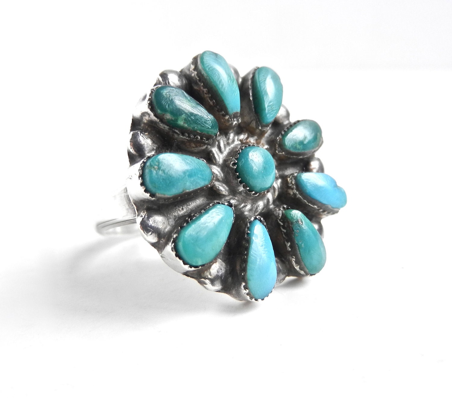 Vintage Sterling Silver Turquoise Ring - Size 8 Statement Native American Jewelry / Teal Flower