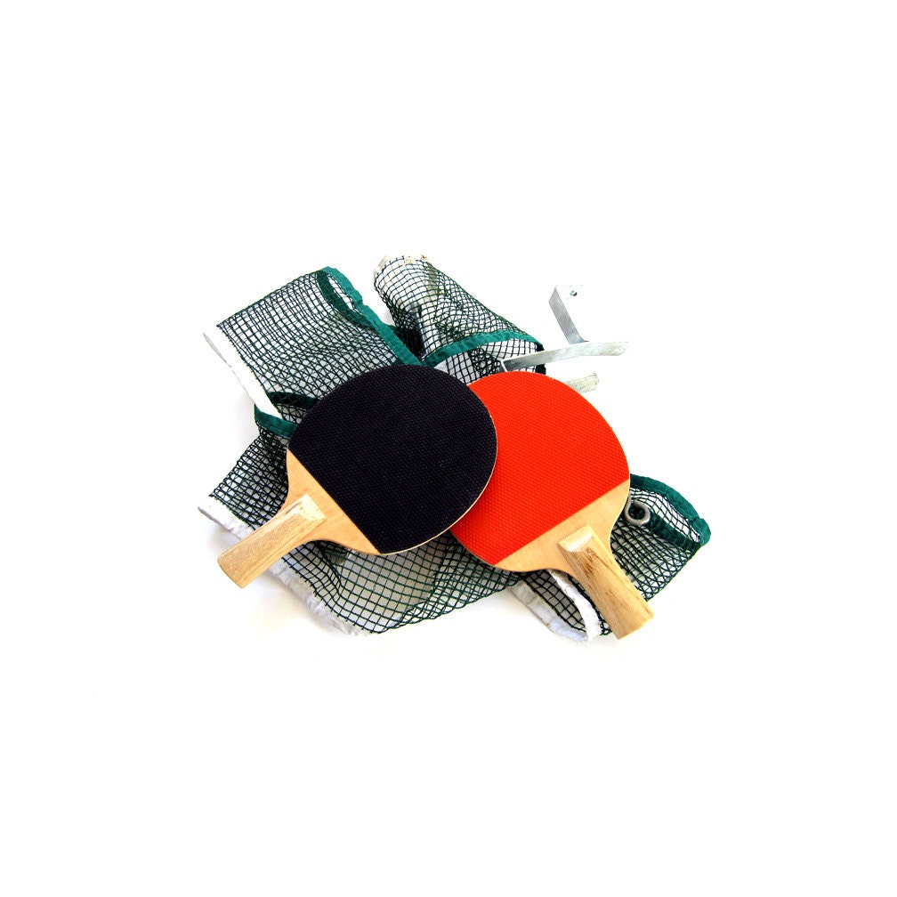 Vintage Wooden Ping-Pong Table Tennis Paddles and Net