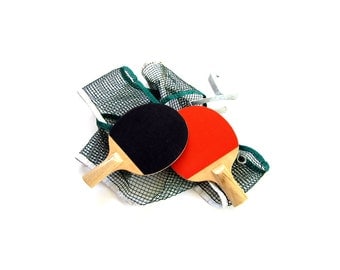 Vintage Wooden Ping-Pong Table Tennis Paddles and Net