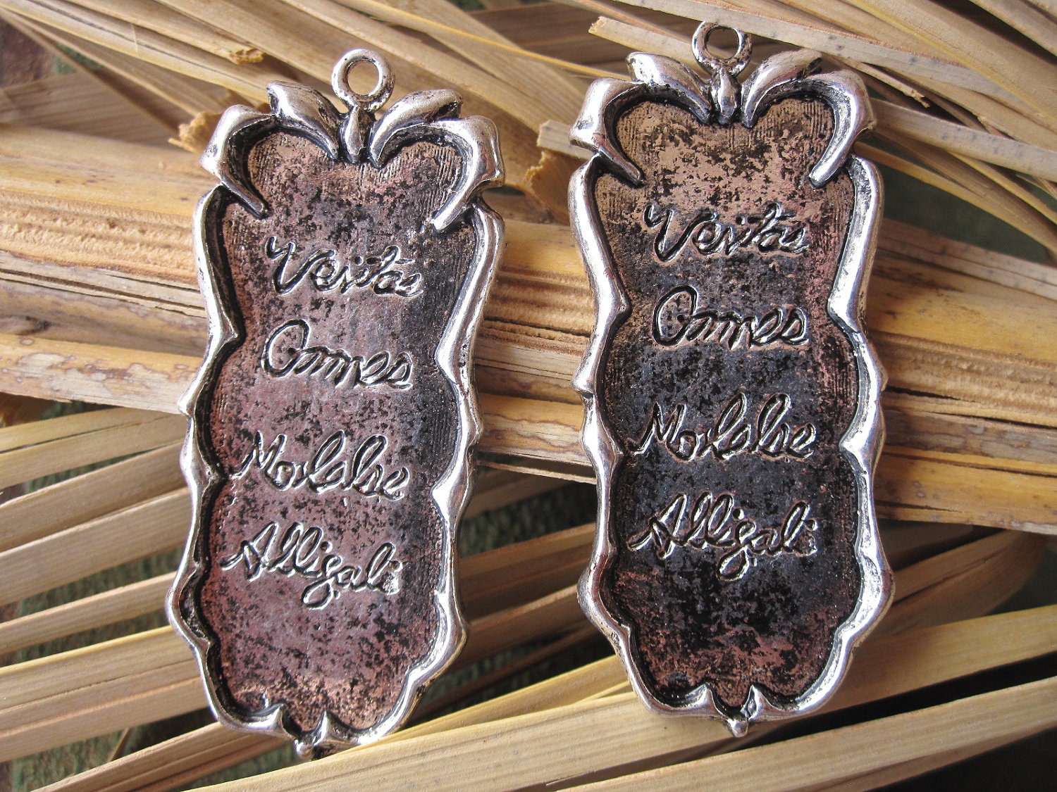 2 Antique Silver Scroll Pendant 44mm