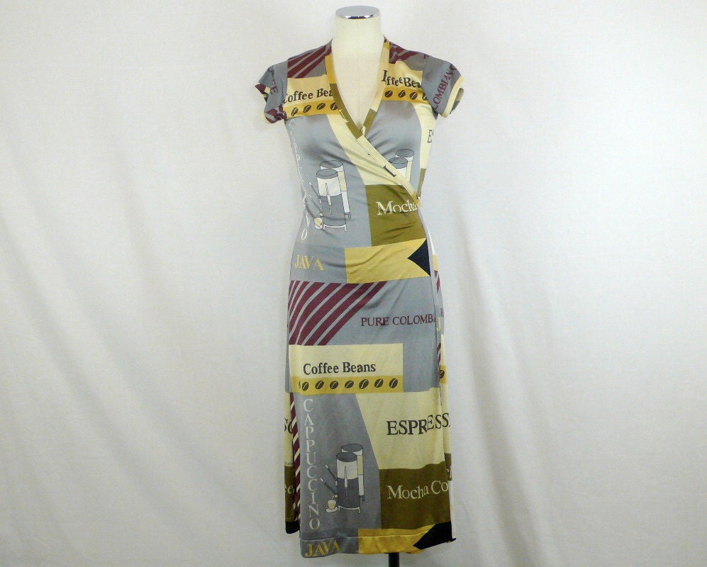 70s Coffee Print Wrap Dress - Vintage Novelty Print - small to medium