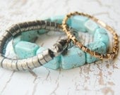 Geometric Aquamarine Turquoise Howlite, Pyrite and Gold Cube Bracelet Trio Arm Party