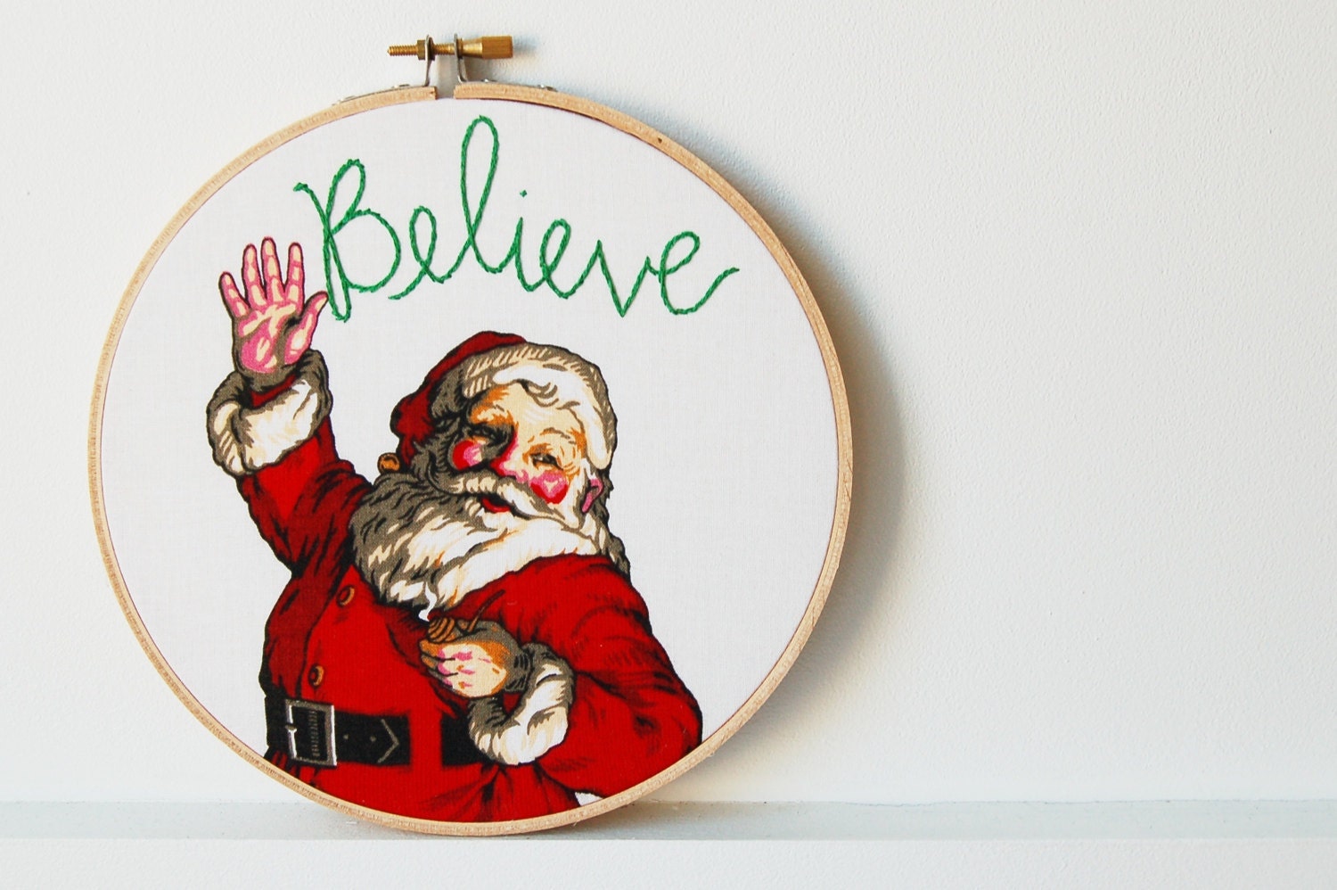 Christmas Decoration for the Home. Hand Embroidered, Vintage Santa "believe" Wall Hanging.  by Merriweather Council