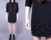 Vintage 80s Sequin Beaded Black Sweater Dress M/L