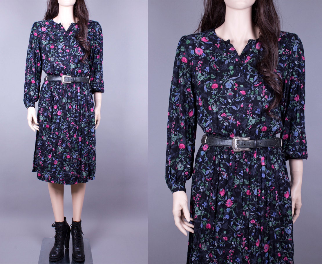 Vintage 80s Black Floral Dress M/L
