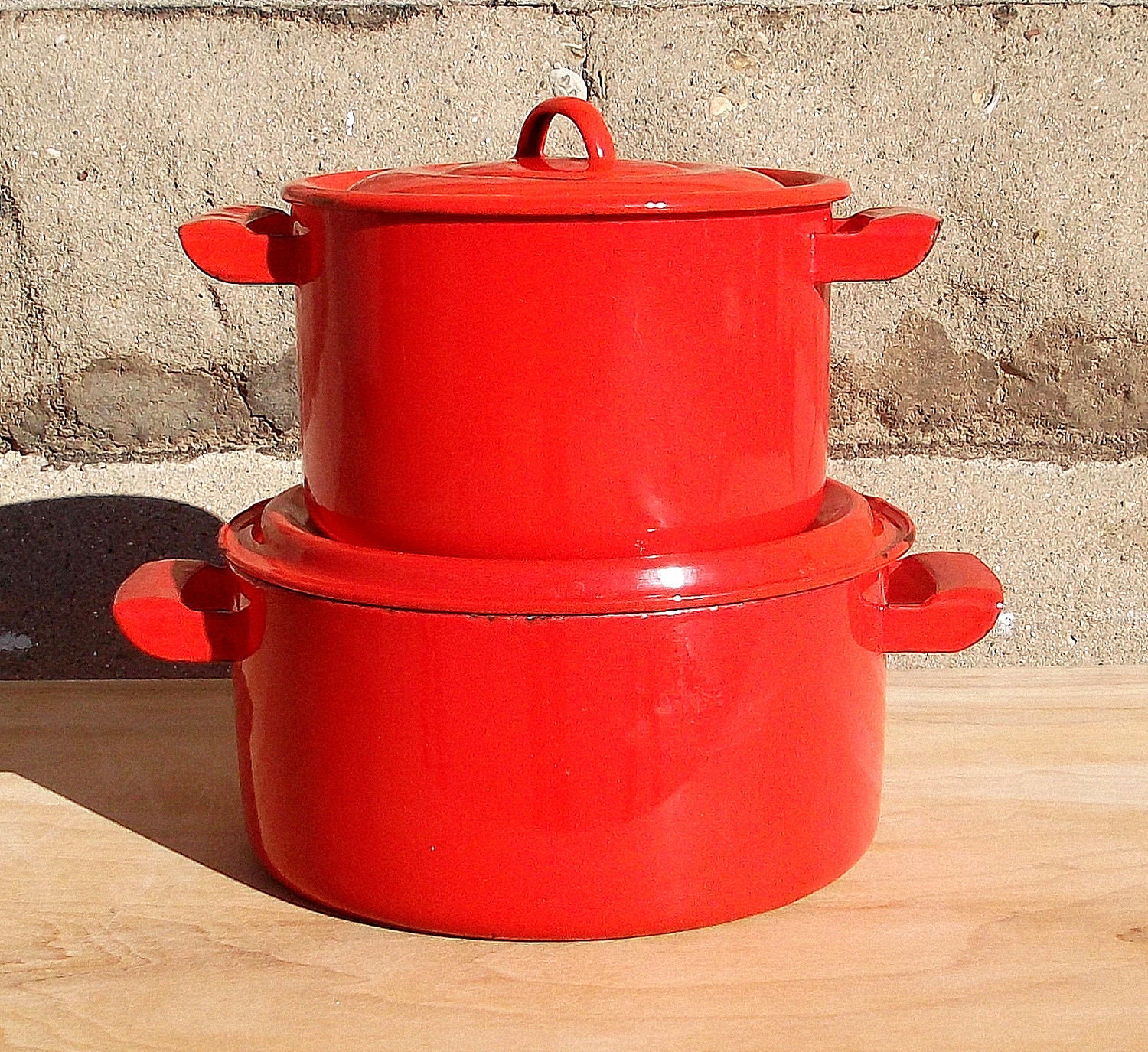 Red Orange Enameled Steel Cooking pot Set beautifully by vakvar
