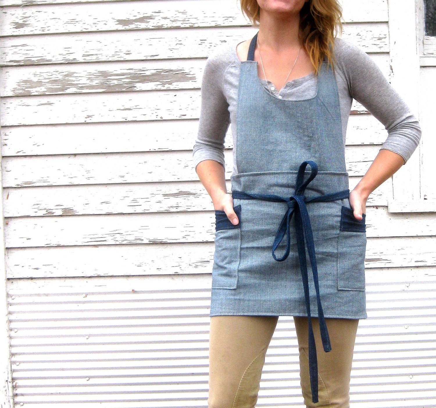 Rustic Denim Full Artist Studio Workshop Industrial Style Apron With Pockets For Women Denim Apron No. 3