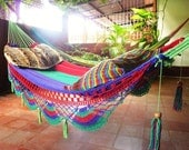 Tri Colors Red Green Purple, Double Hammock hand-woven Natural Cotton Special Fringe