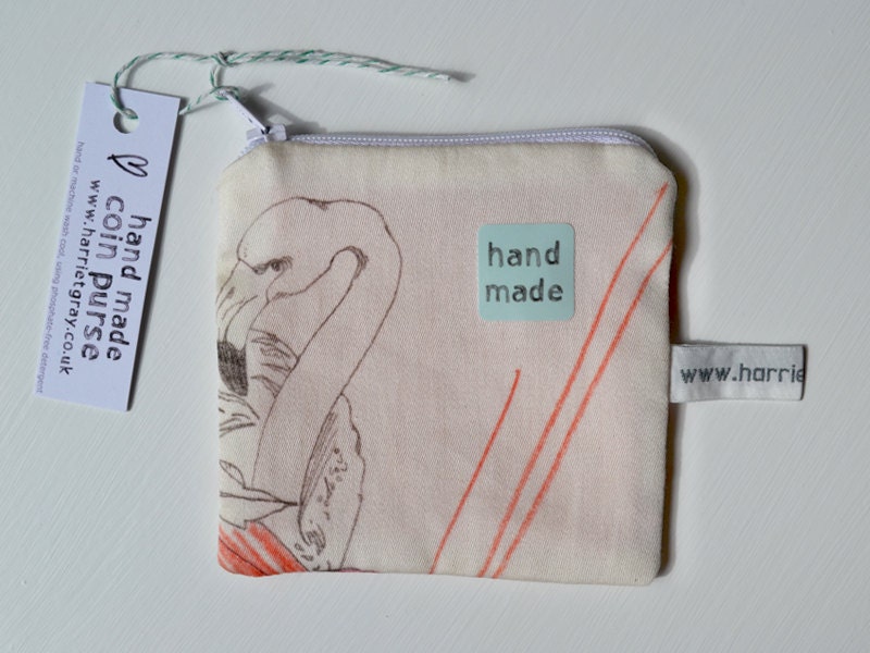 handmade 100% organic cotton purse pink flamingo love design - SALE - DISCONTINUED