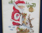Little Boy Santa with His Reindeer Dog - Framed Hand Stitched Picture
