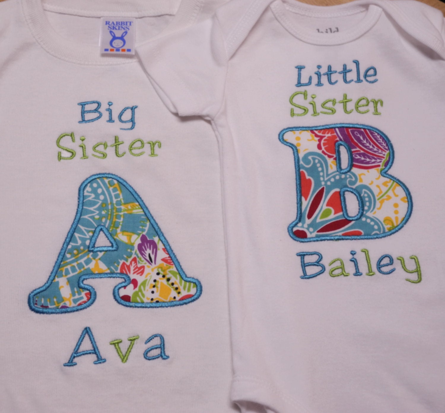 Hot Tropical Colors Fabric Appliqued Initial  Big Sister Little Sister Shirt Set