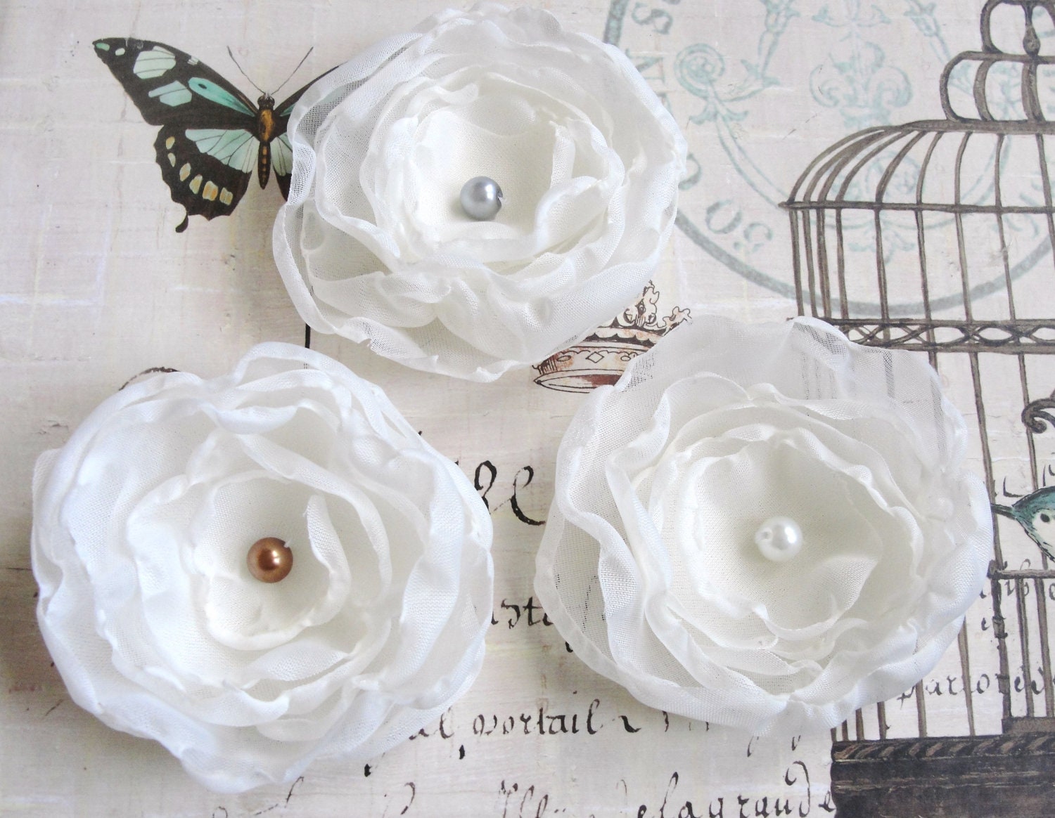 3 cream Chiffon hair flowers for bridesmaids/flower girl/bride