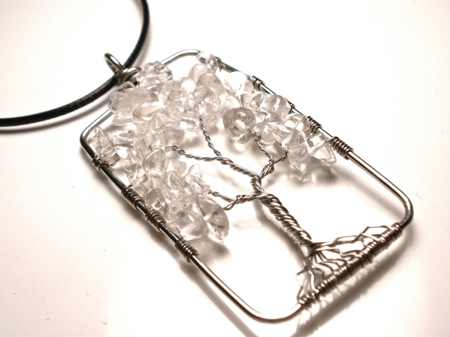 Clear Quartz Tree of Life Pendant in Rectangular Silver- CLARITY