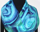 Silk Scarf Hand Painted Turquoise Swirls. Scarf in Turquoise, Teal, Blue. Size 11x60. Silk Scarves Colorado scarf. 100% silk. Made ot order.