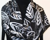 Black Hand Painted Silk Scarf Silver Leaves. Silk Scarf in Black, White, Silver. Size 14x70. Made in Colorado. 100% silk. MADE TO ORDER.