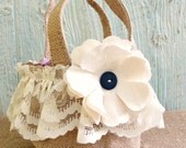 Rustic Chic Burlap Lace Flower Girl Basket Tote, Button in Your Choice of Colors