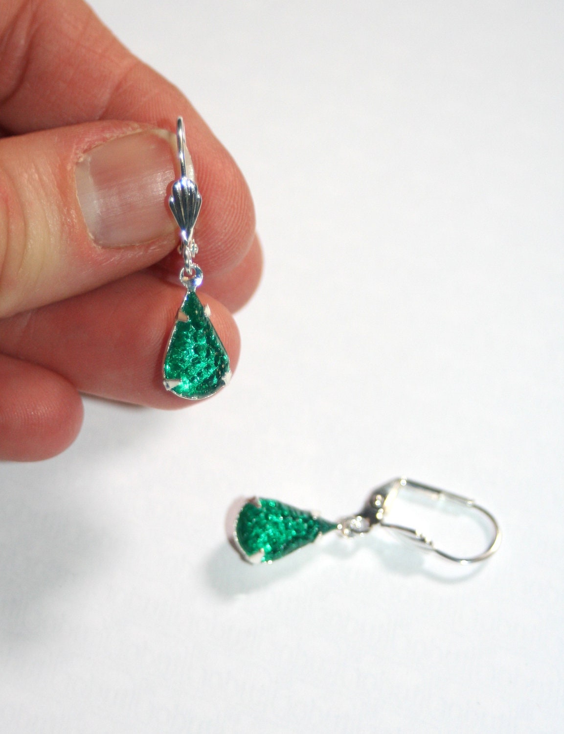 Vintage German glowing Emerald green sugar glass silver plated earrings
