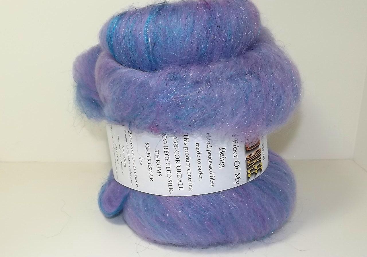 Spinning Fiber-  Recycled  Silk-ee Batts- blue-purple with turquoise silk 25% off