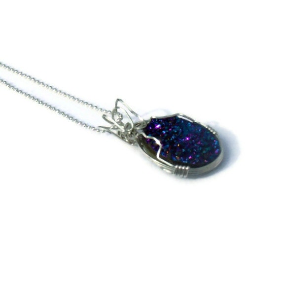 Wire Wrap Pendant Wire Sculpture Wrapped Druzy Jewelry Iridescent Titanium Aura Quartz Handmade Sterling Silver Cyber Monday Free Shipping