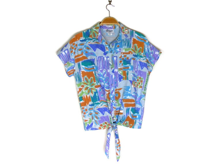 80s Abstract / Floral Cotton Tie Up Shirt Sz m - l