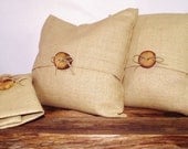 Pillow Cover 12x12 Silk Linen Burlap Fabric with Wood Button Accent