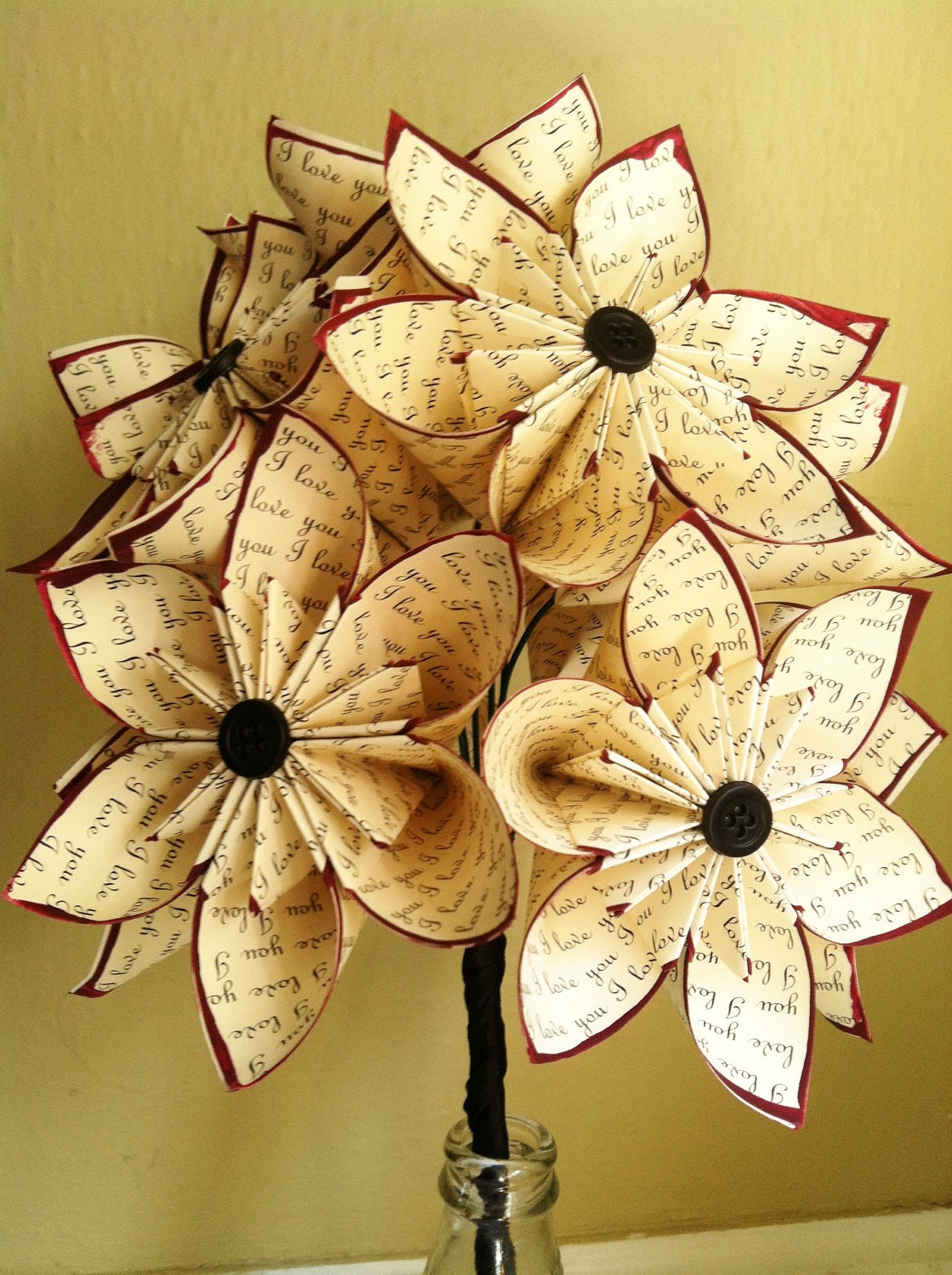 A Dozen "I Love You's" - 12 paper flowers, wedding, 1st anniversary, gifts for her, bouquet, centerpiece, origami, red rose, made to order
