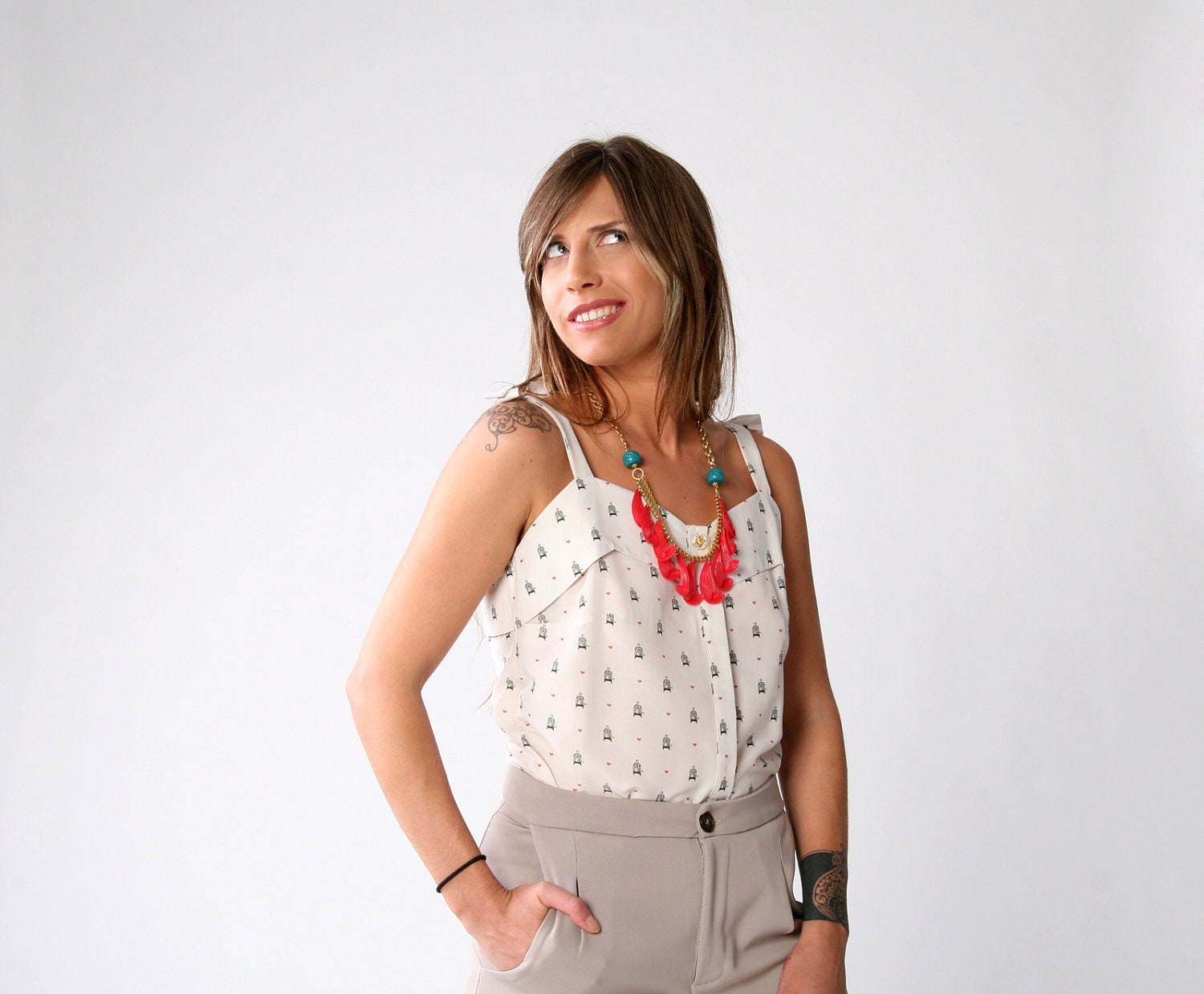 SALE 40% White with Birds and Hearts print blouse, Button down shirt, Women tank top