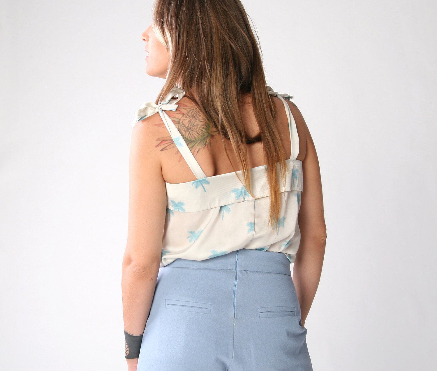 SALE 40% White with Palm trees print top, Button down shirt, Women tank top, Tropical blouse