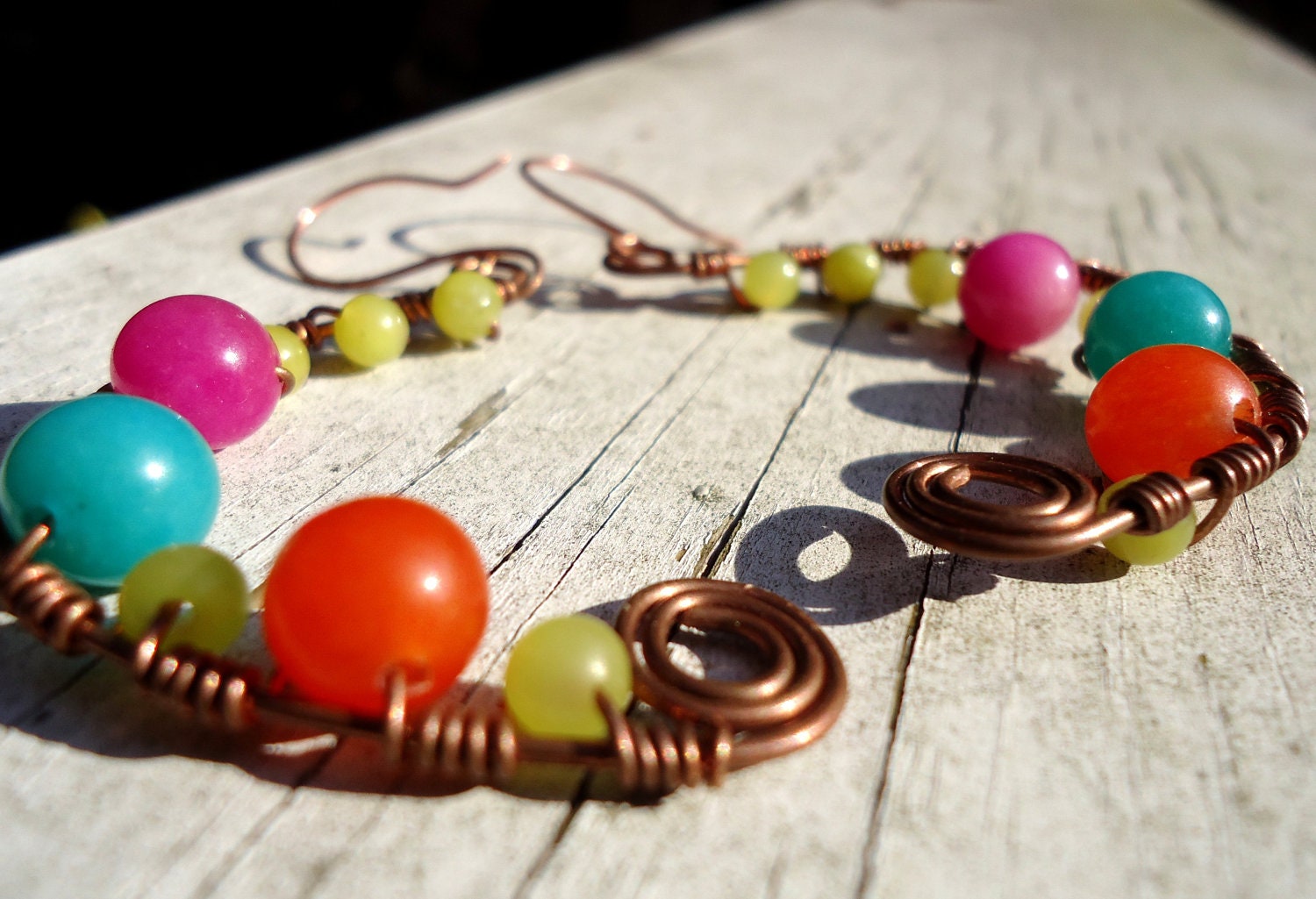 Wire Wrapped Crescent Earrings - Multi Stone Colorful Boho Bohemian Dangles