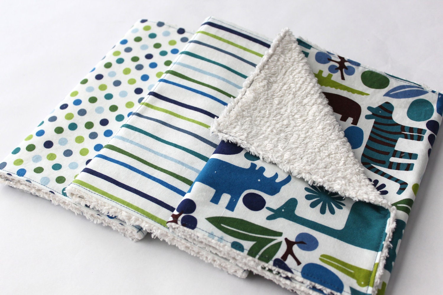 Chenille Burp Cloth Set - Baby Boy Burp Cloths Set of Three - Alexander Henry 2D Zoo, Blue and Green Stripes, Polka Dots - Baby Boy Gift