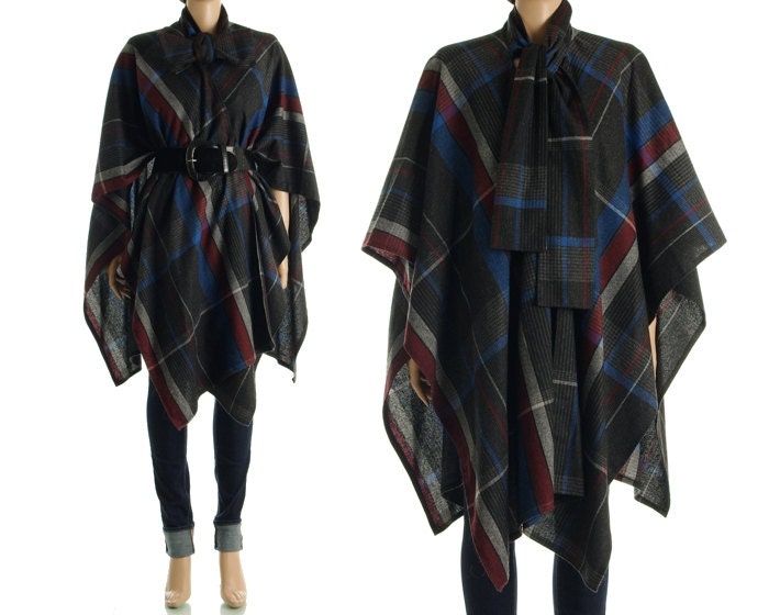Vintage 70s Plaid Cape - Gray Wool Draped Wrap Cape Poncho Boho - S / M / L