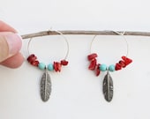 Native American inspired hoop Feather earrings with a turquoise&red coral bead Boho chic Ethnic Gypsy Southwestern Handmade