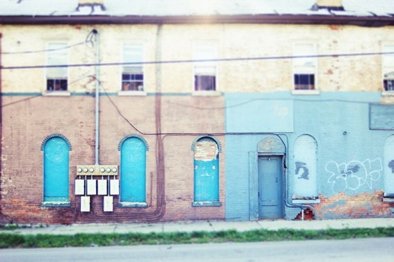 Landscape Photography - 8x10 industrial landscape photography windows door photography teal aqua brick paint city