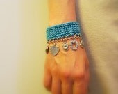 50% off - Turquoise Heart Charm Bracelet for Mom, Crochet with Silver Tone Chain and Heart Charms - Ready To Ship In Turquoise