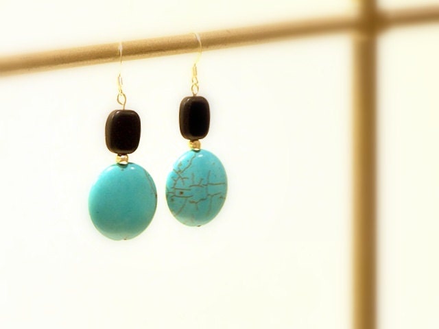 Turquoise Earrings, Round Turquoise Stone, Black Glass Beads, Silver  Hook, Boho Modern