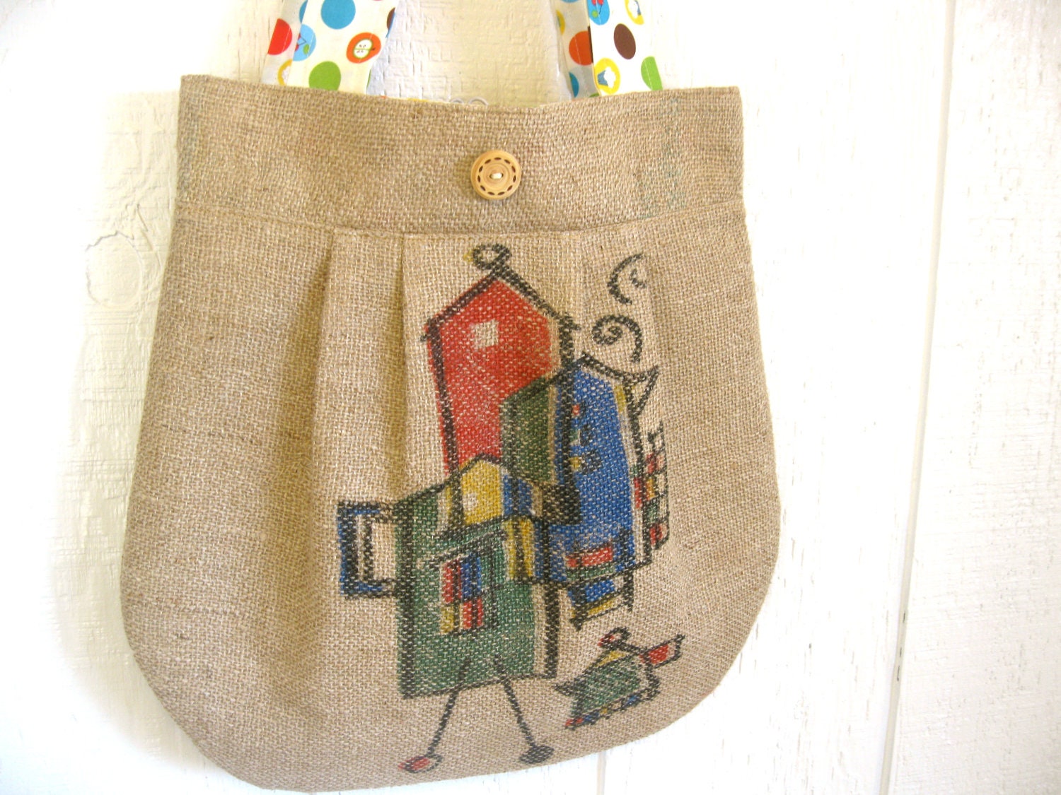 Eco Friendly. Upcycled Burlap Market Bag. Earth Day. Spring. Fashion. Cupcake. Apple. Cherry. Polka Dot. For Her. Mothers Day. Gift Ideas.