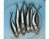 Anchovies, Original Etching of Fish, Blue Version