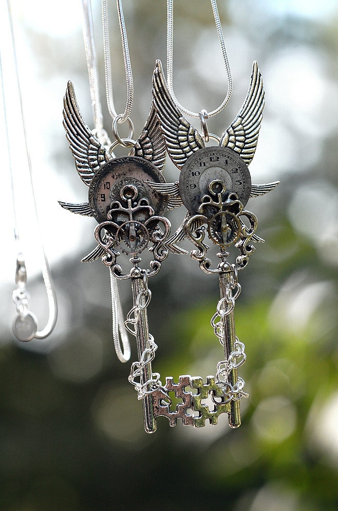 Silver Clock Key Necklace Set