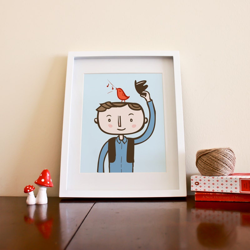 Bird Radio - 8 x 10 Art Illustration Print