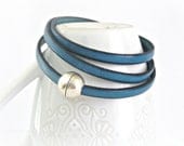 Dark turquoise blue triple wrapped leather bracelet with sphere magnetic clasp